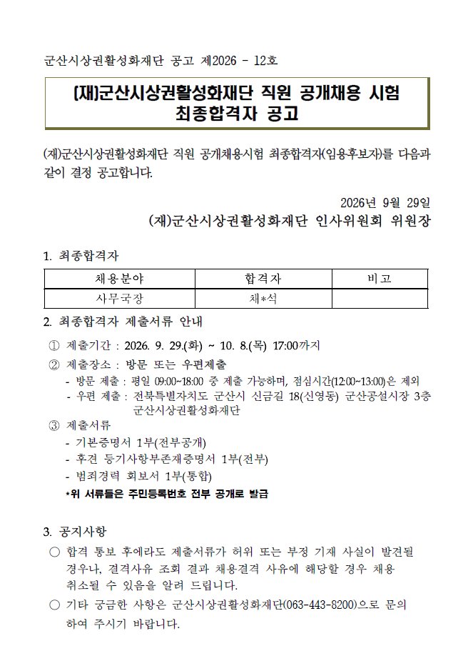 (재)군산시상권활성화재단직원공개채용시험최종합격자공고