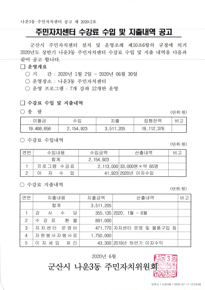 2020년상반기주민자치센터수입및지출내역공고