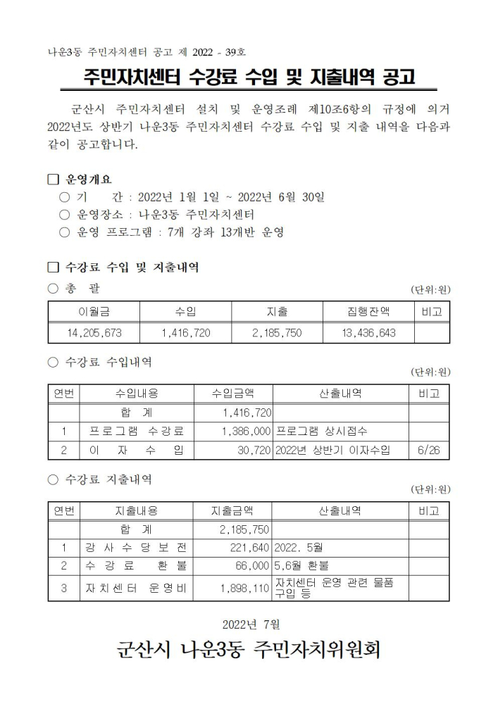 2022년상반기나운3동주민자치센터수강료수입및지출내역공고001