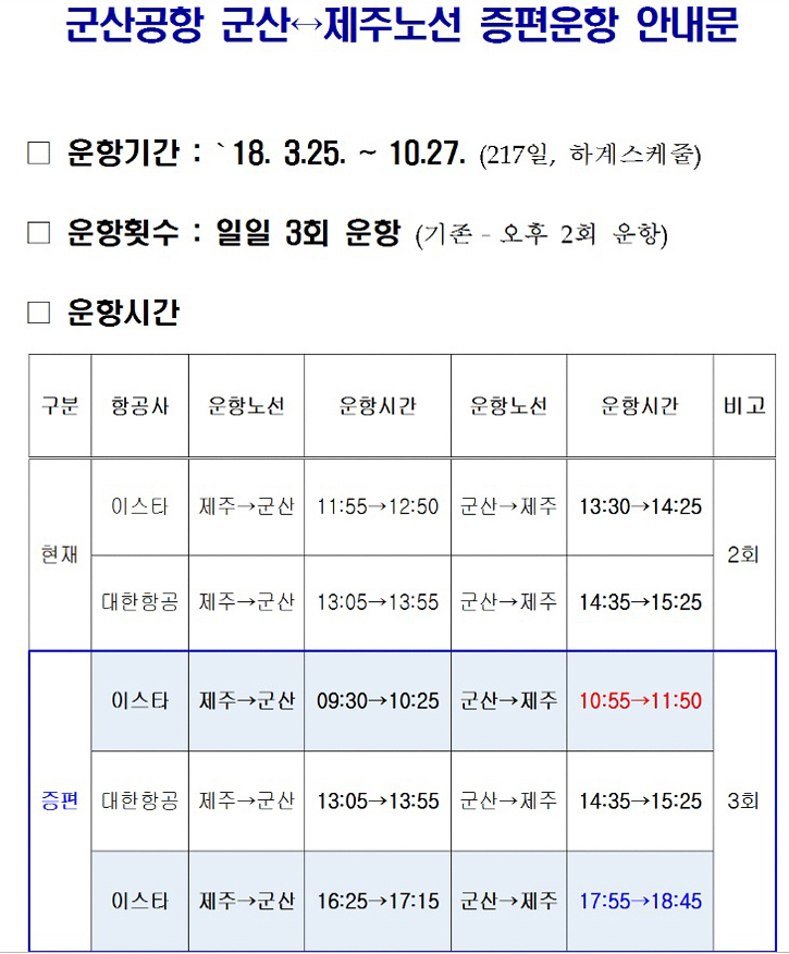 군산,제주노선증편운항안내문