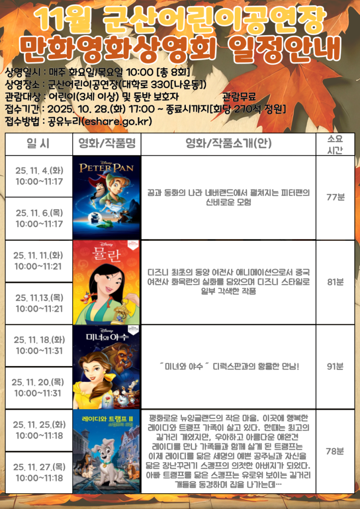 2025년11월군산어린이공연장만화영화일정표
