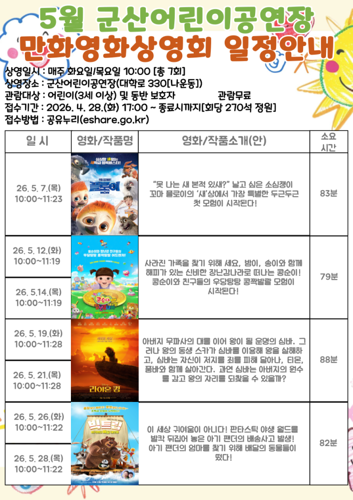 2026년5월군산어린이공연장만화영화일정표