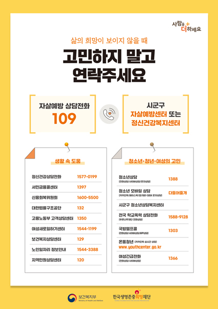 삶의 희망이 보이지 않을 때
고민하지 말고 연락주세요

자살예방상담전화 109 / 시군구 자살예방센터 또는 정신건강복지센터

생활 속 도움 - 정신건강상담전화 1577-0199 / 서민금융콜센터 1397 / 신용회복위원회 1600-5500 / 대한법률구조단 132 / 고용노동부 고객상담센터 1350 / 여성새로일하기센터 1544-1199 / 보건복지상담센터 129 / 노인일자리 정보안내 1544-3388 / 지역민원상담센터 120

청소년&middot;청년&middot;여성의 고민 - 청소년상담(전화상담/사이버상담/문자상담) 1388 / 시군구 청소년상담복지센터 / 청소년 모바일 상담(카카오톡/페이스북/앱/1661-5004 문자상담) 다들어줄개 / 국방헬프콜(장병 및 가족/입대 예정자/민간인 군 관련 고충상담) 1303 / 온라인 청년센터(카카오톡 실시간 상담) www.youthcenter.go.kr / 여성긴급전화(전화상담/사이버상담) 1366